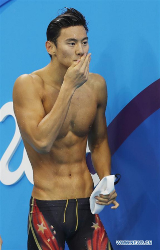 China's Ning Zetao reacts after the men's 100m freestyle heat of swimming at the 2016 Rio Olympic Games in Rio de Janeiro, Brazil, on Aug. 9, 2016.Xinhua/Ding Xu)