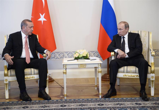 Russian President Vladimir Putin (R) meets with his Turkish counterpart Recep Tayyip Erdogan in St. Petersburg, Russia, on Aug. 9, 2016. (Xinhua/Sputnik) Russian President Vladimir Putin (R) meets with his Turkish counterpart Recep Tayyip Erdogan in St. Petersburg, Russia, on Aug. 9, 2016. (Xinhua/Sputnik)