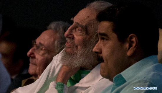 Photo provided by Cubadebate shows Cuba's revolutionary leader Fidel Castro (C), alongside Venezuelan President Nicolas Maduro (R), enjoying a gala in honor of his 90th birthday at the Karl Marx Theater in Havana, capital of Cuba, on Aug. 13, 2016. (Xinhua/Ismael Francisco/Cubadebate) Photo provided by Cubadebate shows Cuba's revolutionary leader Fidel Castro (C), alongside Venezuelan President Nicolas Maduro (R), enjoying a gala in honor of his 90th birthday at the Karl Marx Theater in Havana, capital of Cuba, on Aug. 13, 2016. (Xinhua/Ismael Francisco/Cubadebate)