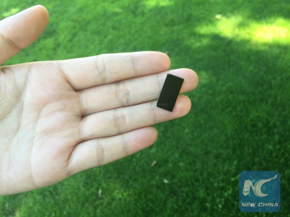 This nanostructured device, about half the size of a postage stamp, uses solar energy to quickly disinfect water. (courtesy of Stanford) This nanostructured device, about half the size of a postage stamp, uses solar energy to quickly disinfect water. (courtesy of Stanford)