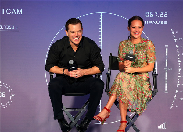Matt Damon and Swedish actress Alicia Vikander promote the upcoming film Jason Bourne in Beijing. The film will premiere on the Chinese mainland on Aug 23. JIANG DONG/CHINA DAILY Matt Damon and Swedish actress Alicia Vikander promote the upcoming film Jason Bourne in Beijing. The film will premiere on the Chinese mainland on Aug 23. JIANG DONG/CHINA DAILY