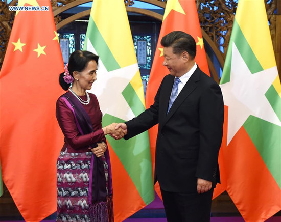 Chinese President Xi Jinping (R) meets with Myanmar's State Counsellor Aung San Suu Kyi in Beijing, capital of China, Aug. 19, 2016. (Xinhua/Rao Aimin) Chinese President Xi Jinping (R) meets with Myanmar's State Counsellor Aung San Suu Kyi in Beijing, capital of China, Aug. 19, 2016. (Xinhua/Rao Aimin)