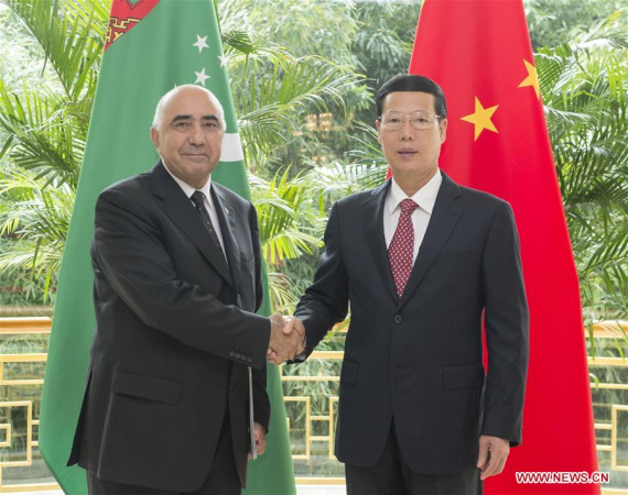 Chinese Vice Premier Zhang Gaoli (R) shakes hands with his Turkmen counterpart Yagshygeldi Kakayev in Tianjin, north China, Aug. 23, 2016. Zhang and Kakayev co-chaired the fourth meeting of the China-Turkmenistan Cooperation Committee in Tianjin on Tuesday. (Photo: Xinhua/Wang Ye) Chinese Vice Premier Zhang Gaoli (R) shakes hands with his Turkmen counterpart Yagshygeldi Kakayev in Tianjin, north China, Aug. 23, 2016. Zhang and Kakayev co-chaired the fourth meeting of the China-Turkmenistan Cooperation Committee in Tianjin on Tuesday. (Photo: Xinhua/Wang Ye)