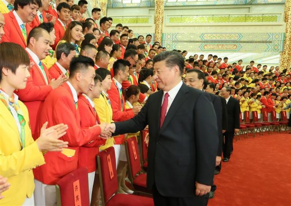 Chinese President Xi Jinping and other senior leaders Li Keqiang, Zhang Dejiang, Yu Zhengsheng, Liu Yunshan, Wang Qishan and Zhang Gaoli meet with Chinese Olympic delegation at the Great Hall of the People in Beijing, capital of China, Aug. 25, 2016. (Photo: Xinhua/Lan Hongguang) Chinese President Xi Jinping and other senior leaders Li Keqiang, Zhang Dejiang, Yu Zhengsheng, Liu Yunshan, Wang Qishan and Zhang Gaoli meet with Chinese Olympic delegation at the Great Hall of the People in Beijing, capital of China, Aug. 25, 2016. (Photo: Xinhua/Lan Hongguang)