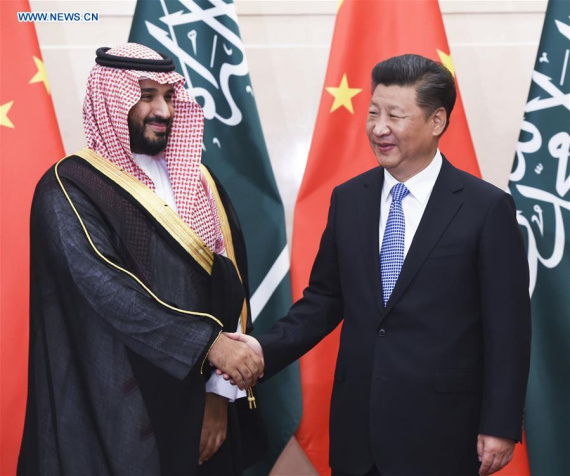 Chinese PresidentXi Jinping(R) meets with Saudi Arabia's Deputy Crown Prince Mohammed bin Salman in Beijing, capital of China, Aug. 31, 2016. (Xinhua/Gao Jie) Chinese PresidentXi Jinping(R) meets with Saudi Arabia's Deputy Crown Prince Mohammed bin Salman in Beijing, capital of China, Aug. 31, 2016. (Xinhua/Gao Jie)