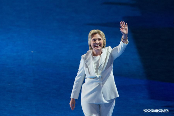 U.S. Democratic Presidential Candidate Hillary Clinton gestures to spectators on the last day of the 2016 U.S. Democratic National Convention at Wells Fargo Center, Philadelphia, Pennsylvania, the United States, on July 28, 2016. (Xinhua/Li Muzi) U.S. Democratic Presidential Candidate Hillary Clinton gestures to spectators on the last day of the 2016 U.S. Democratic National Convention at Wells Fargo Center, Philadelphia, Pennsylvania, the United States, on July 28, 2016. (Xinhua/Li Muzi)