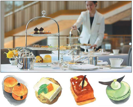 Top: Afternoon Tea served in the grand lobby of The Peninsula, Beijing tea. Above: A selection of the afternoon teas savories and pastries. Photos Provided to China Daily Top: Afternoon Tea served in the grand lobby of The Peninsula, Beijing tea. Above: A selection of the afternoon teas savories and pastries. Photos Provided to China Daily