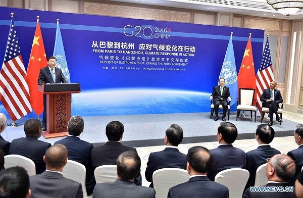 Chinese President Xi Jinping (L), U.S. President Barack Obama (R) and Secretary-General of the United Nations Ban Ki-moon attend the deposit of instruments of joining the Paris Agreement in Hangzhou, capital city of east China's Zhejiang Province, Sept. 3, 2016. (Xinhua/Li Tao) Chinese President Xi Jinping (L), U.S. President Barack Obama (R) and Secretary-General of the United Nations Ban Ki-moon attend the deposit of instruments of joining the Paris Agreement in Hangzhou, capital city of east China's Zhejiang Province, Sept. 3, 2016. (Xinhua/Li Tao)
