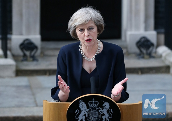 Britain's new Prime Minister Theresa May delivers a speech after arriving at 10 Downing Street in London, Britain on July 13, 2016. (Photo: Xinhua/Han Yan) Britain's new Prime Minister Theresa May delivers a speech after arriving at 10 Downing Street in London, Britain on July 13, 2016. (Photo: Xinhua/Han Yan)