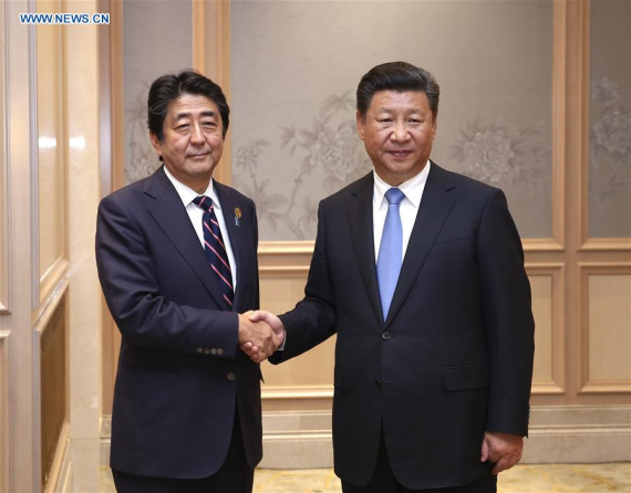 Chinese President Xi Jinping meets with Japanese Prime Minister Shinzo Abe, who is here to attend the Group of 20 (G20) summit, in Hangzhou, capital of east China's Zhejiang Province, Sept. 5, 2016. (Photo: Xinhua/Pang Xinglei) Chinese President Xi Jinping meets with Japanese Prime Minister Shinzo Abe, who is here to attend the Group of 20 (G20) summit, in Hangzhou, capital of east China's Zhejiang Province, Sept. 5, 2016. (Photo: Xinhua/Pang Xinglei)