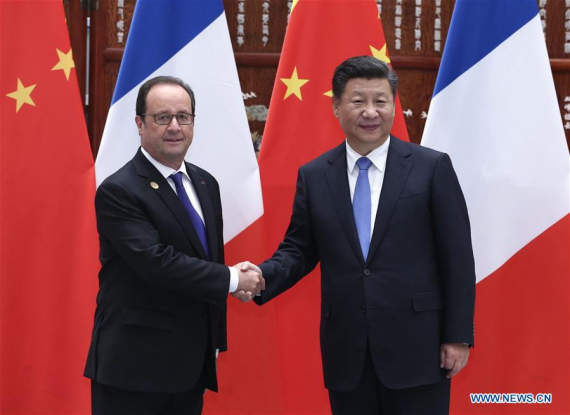 Chinese President Xi Jinping (R) meets with French President Francois Hollande, who is here to attend the Group of 20 (G20) summit, in Hangzhou, capital of east China's Zhejiang Province, Sept. 5, 2016. (Photo: Xinhua/Pang Xinglei) Chinese President Xi Jinping (R) meets with French President Francois Hollande, who is here to attend the Group of 20 (G20) summit, in Hangzhou, capital of east China's Zhejiang Province, Sept. 5, 2016. (Photo: Xinhua/Pang Xinglei)
