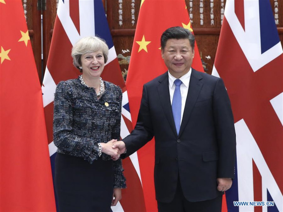 Chinese President Xi Jinping meets with British Prime Minister Theresa May, who is here to attend the Group of 20 (G20) summit, in Hangzhou, capital of east China's Zhejiang Province, Sept. 5, 2016. (Photo: Xinhua/Pang Xinglei) Chinese President Xi Jinping meets with British Prime Minister Theresa May, who is here to attend the Group of 20 (G20) summit, in Hangzhou, capital of east China's Zhejiang Province, Sept. 5, 2016. (Photo: Xinhua/Pang Xinglei)