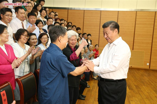 Chinese President Xi Jinping (1st R) shakes hands with representatives of teachers and students during an inspection visit to Beijing Bayi School before the upcoming national Teacher's Day in Beijing, Sept. 9, 2016. (Xinhua/Yao Dawei) Chinese President Xi Jinping (1st R) shakes hands with representatives of teachers and students during an inspection visit to Beijing Bayi School before the upcoming national Teacher's Day in Beijing, Sept. 9, 2016. (Xinhua/Yao Dawei)