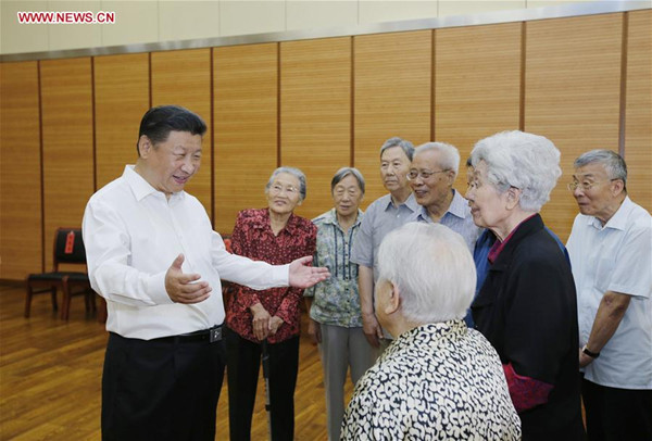 Chinese President Xi Jinping (1st L) talks to elder teachers during an inspection visit to Beijing Bayi School before the upcoming national Teacher's Day in Beijing, Sept. 9, 2016. (Xinhua/Ju Peng) Chinese President Xi Jinping (1st L) talks to elder teachers during an inspection visit to Beijing Bayi School before the upcoming national Teacher's Day in Beijing, Sept. 9, 2016. (Xinhua/Ju Peng)