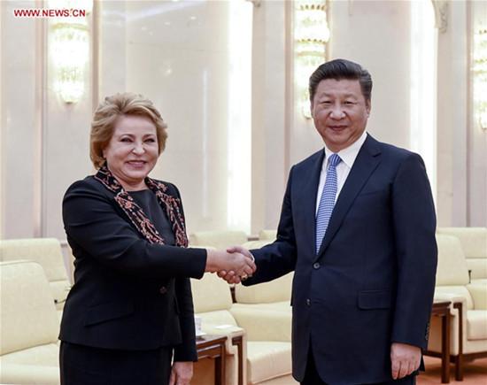 Chinese President Xi Jinping (R) meets with Russian Federation Council Speaker Valentina Matviyenko in Beijing, capital of China, Sept. 9, 2016. (Xinhua/Li Xueren) Chinese President Xi Jinping (R) meets with Russian Federation Council Speaker Valentina Matviyenko in Beijing, capital of China, Sept. 9, 2016. (Xinhua/Li Xueren)
