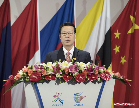  Chinese Vice Premier Zhang Gaoli addresses the opening ceremony of the 13th China-ASEAN Expo and the China-ASEAN Business and Investment Summit in Nanning, capital of south China's Guangxi Zhuang Autonomous Region, Sept. 11, 2016. (Photo: Xinhua/Wang Ye)