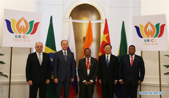 Chinese State Councilor Yang Jiechi (2nd R) attends the 6th meeting of BRICS senior representatives on security issues in New Delhi, India, Sept. 15, 2016. (Photo: Xinhua/Li Ming) Chinese State Councilor Yang Jiechi (2nd R) attends the 6th meeting of BRICS senior representatives on security issues in New Delhi, India, Sept. 15, 2016. (Photo: Xinhua/Li Ming)
