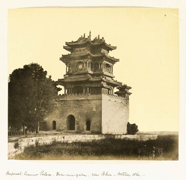 An old photo of Yuanmingyuan, taken by Felice Beato in 1860 shows the garden before it was destroyed. The item sold for 218,500 pounds ($284,867) during an auction at Sotheby's. (Photo/sothebys.com) An old photo of Yuanmingyuan, taken by Felice Beato in 1860 shows the garden before it was destroyed. The item sold for 218,500 pounds ($284,867) during an auction at Sotheby's. (Photo/sothebys.com)