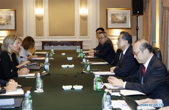 Chinese Foreign Minister Wang Yi(2nd R) meets with European Union(EU) High Representative for Foreign Affairs and Security Policy Federica Mogherini(1st L) in New York, the United States on Sept. 18, 2016. (Photo: Xinhua/Li Muzi) Chinese Foreign Minister Wang Yi(2nd R) meets with European Union(EU) High Representative for Foreign Affairs and Security Policy Federica Mogherini(1st L) in New York, the United States on Sept. 18, 2016. (Photo: Xinhua/Li Muzi)