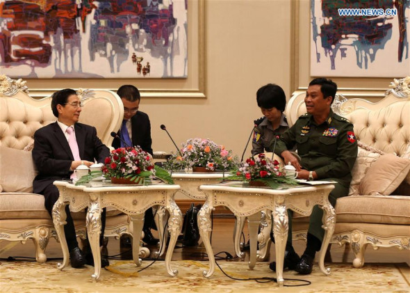 Visiting Chinese State Councilor and Minister of Public Security Guo Shengkun (L) meets with Myanmar Minister of Home Affairs Kyaw Swe in Nay Pyi Taw, Myanmar, Sept. 27, 2016. (Photo: Xinhua/U Aung) Visiting Chinese State Councilor and Minister of Public Security Guo Shengkun (L) meets with Myanmar Minister of Home Affairs Kyaw Swe in Nay Pyi Taw, Myanmar, Sept. 27, 2016. (Photo: Xinhua/U Aung)