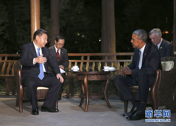 Chinese President Xi Jinping and US President Barack Obama drink tea together in a pavilion at West Lake State Guest House on Sept 3, 2016. (Photo/Xinhua) Chinese President Xi Jinping and US President Barack Obama drink tea together in a pavilion at West Lake State Guest House on Sept 3, 2016. (Photo/Xinhua)