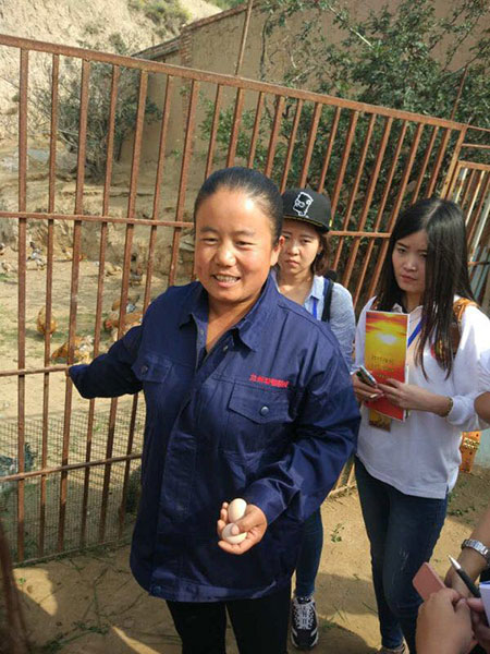 Gao Junxia, a villager in Shenjialing, shows reporters the organic eggs her chickens laid. (Photo by Ma Chi/chinadaily.com.cn) Gao Junxia, a villager in Shenjialing, shows reporters the organic eggs her chickens laid. (Photo by Ma Chi/chinadaily.com.cn)