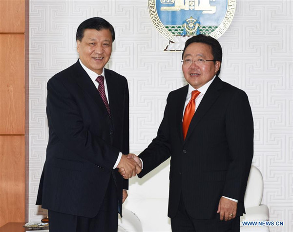 Liu Yunshan (L), a member of the Standing Committee of the Political Bureau of the Communist Party of China (CPC) Central Committee, meets with Mongolian President Tsakhiagiin Elbegdorj in Ulan Bator, Mongolia, Oct. 1, 2016. (Xinhua/Rao Aimin) Liu Yunshan (L), a member of the Standing Committee of the Political Bureau of the Communist Party of China (CPC) Central Committee, meets with Mongolian President Tsakhiagiin Elbegdorj in Ulan Bator, Mongolia, Oct. 1, 2016. (Xinhua/Rao Aimin)
