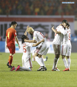 Syria's players celebrate after winning in a match between China and Syria of 2018 FIFA World Cup Russia Qualifiers in Xi'an, capital of northwest China's Shaanxi Province, Oct. 6, 2016. Syria won 1-0. (Xinhua/Ding Xu) Syria's players celebrate after winning in a match between China and Syria of 2018 FIFA World Cup Russia Qualifiers in Xi'an, capital of northwest China's Shaanxi Province, Oct. 6, 2016. Syria won 1-0. (Xinhua/Ding Xu)