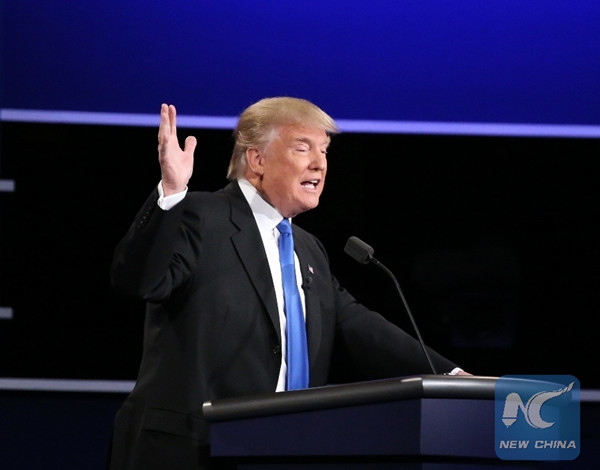 U.S. Republican Donald Trump speaks during the first presidential debate with Democrat Hillary Clinton at Hofstra University in Hempstead of New York, the United States, Sept. 26, 2016. (Xinhua/ File Photo) U.S. Republican Donald Trump speaks during the first presidential debate with Democrat Hillary Clinton at Hofstra University in Hempstead of New York, the United States, Sept. 26, 2016. (Xinhua/ File Photo)