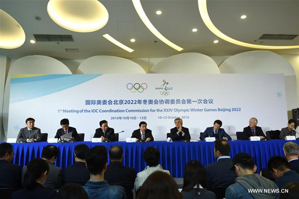 Participants from IOC Coordination Commission and the Beijing Organizing Committee for the 2022 Olympic and Paralympic Winter Games attend the press conference for the 1st Meeting of the IOC Coordination Commission for the XXIV Olympic Winter Games Beijing 2022 in Beijing, capital of China, Oct. 12, 2016. (Photo/Xinhua) Participants from IOC Coordination Commission and the Beijing Organizing Committee for the 2022 Olympic and Paralympic Winter Games attend the press conference for the 1st Meeting of the IOC Coordination Commission for the XXIV Olympic Winter Games Beijing 2022 in Beijing, capital of China, Oct. 12, 2016. (Photo/Xinhua)