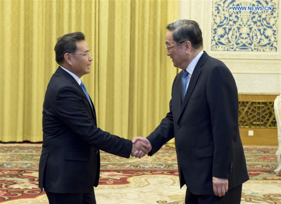 Yu Zhengsheng (R), chairman of the National Committee of the Chinese People's Political Consultative Conference (CPPCC), meets with a delegation of the Lao People's Revolutionary Party (LPRP) led by President of the Lao Front for National Construction Xaysomphone Phomvihane (L) in Beijing, capital of China, Oct. 12, 2016. (Photo: Xinhua/Xie Huanchi) Yu Zhengsheng (R), chairman of the National Committee of the Chinese People's Political Consultative Conference (CPPCC), meets with a delegation of the Lao People's Revolutionary Party (LPRP) led by President of the Lao Front for National Construction Xaysomphone Phomvihane (L) in Beijing, capital of China, Oct. 12, 2016. (Photo: Xinhua/Xie Huanchi)