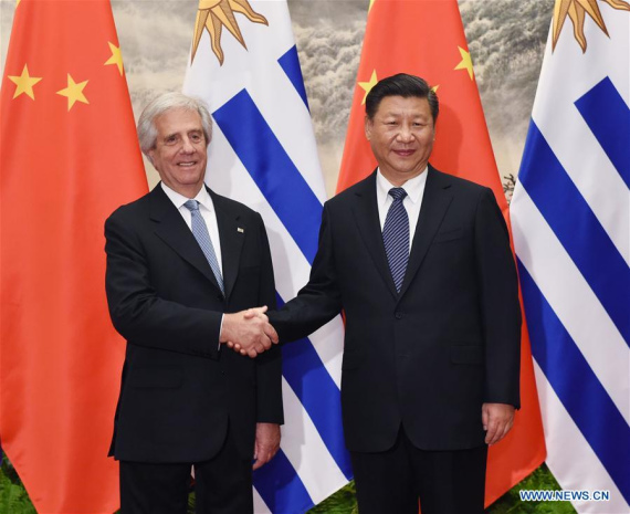Chinese President Xi Jinping (R) shakes hands with his Uruguayan counterpart Tabare Vazquez during their talks at the Great Hall of the People in Beijing, capital of China, Oct. 18, 2016. (Photo: Xinhua/Rao Aimin) Chinese President Xi Jinping (R) shakes hands with his Uruguayan counterpart Tabare Vazquez during their talks at the Great Hall of the People in Beijing, capital of China, Oct. 18, 2016. (Photo: Xinhua/Rao Aimin)