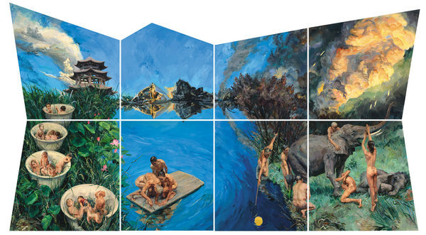 Artist Yu Hong's ongoing exhibition at the Art Museum of the Central Academy of Fine Arts includes the show's centerpiece, A Garden of Dreams, paintings that portray girls who strike gymnastic poses against backgrounds of sheer cliffs, and a glass sculpture. (Photo provided to China Daily) Artist Yu Hong's ongoing exhibition at the Art Museum of the Central Academy of Fine Arts includes the show's centerpiece, A Garden of Dreams, paintings that portray girls who strike gymnastic poses against backgrounds of sheer cliffs, and a glass sculpture. (Photo provided to China Daily)