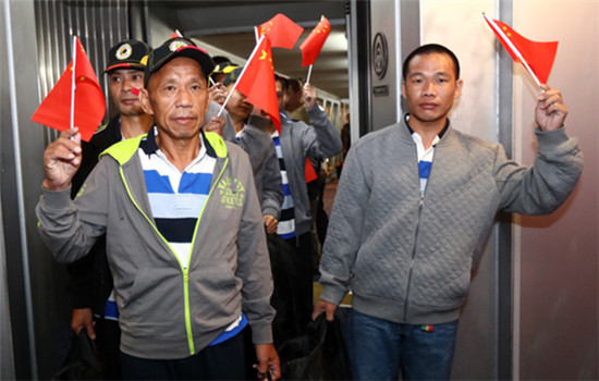 Nine Chinese sailors released by pirates arrive at Baiyun International Airport in Guangzhou on Oct 25, 2016. (Photo/provided to China Daily) Nine Chinese sailors released by pirates arrive at Baiyun International Airport in Guangzhou on Oct 25, 2016. (Photo/provided to China Daily)