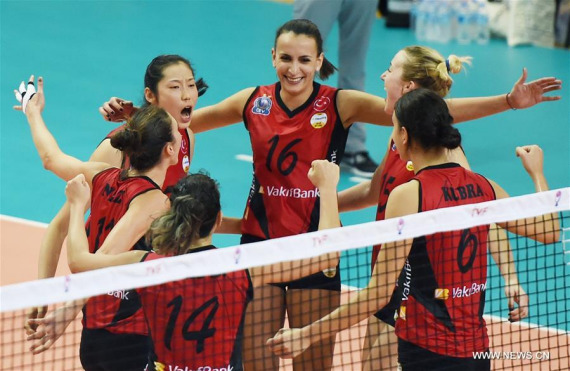 Vakifbank's Zhu Ting (2nd L) celebrates with teammates during the Turkish Women Volleyball League match between Vakifbank and Seramiksan in Manisa, Turkey, Oct. 30, 2016. Vakifbank won 3-0. (Photo: Xinhua/He Canling) Vakifbank's Zhu Ting (2nd L) celebrates with teammates during the Turkish Women Volleyball League match between Vakifbank and Seramiksan in Manisa, Turkey, Oct. 30, 2016. Vakifbank won 3-0. (Photo: Xinhua/He Canling)