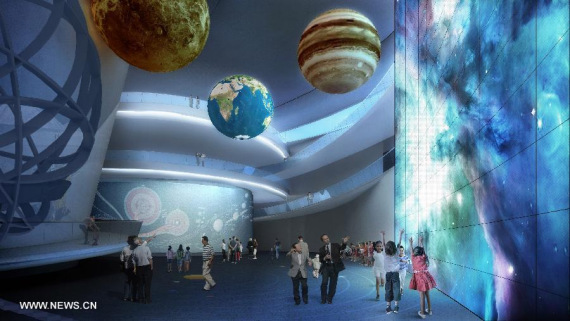 A rendering is presented during the foundation laying ceremony of the Shanghai Planetarium in Shanghai, east China, Nov. 8, 2016. (Photo/Xinhua) A rendering is presented during the foundation laying ceremony of the Shanghai Planetarium in Shanghai, east China, Nov. 8, 2016. (Photo/Xinhua)