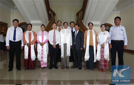 Deputy Speaker of Myanmar's House of Nationalities U Aye Tha Aung (C, front) poses for a group photo with head of the delegation Penba Tashi (4th R, front), who is also Vice Chairman of the Government of the Tibet Autonomous Region, in Nay Pyi Taw, Myanmar, Nov. 7, 2016. (Photo/Xinhua) Deputy Speaker of Myanmar's House of Nationalities U Aye Tha Aung (C, front) poses for a group photo with head of the delegation Penba Tashi (4th R, front), who is also Vice Chairman of the Government of the Tibet Autonomous Region, in Nay Pyi Taw, Myanmar, Nov. 7, 2016. (Photo/Xinhua)