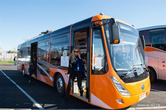 Passengers get off an electric bus from China in Marrakech, Morocco, Nov. 9, 2016. Over ten electric buses from China served the delegates during the 22nd Conference of Parties to the United Nations Framework Convention on Climate Change (COP22) in Marrakech. (Photo: Xinhua/Meng Tao) Passengers get off an electric bus from China in Marrakech, Morocco, Nov. 9, 2016. Over ten electric buses from China served the delegates during the 22nd Conference of Parties to the United Nations Framework Convention on Climate Change (COP22) in Marrakech. (Photo: Xinhua/Meng Tao)