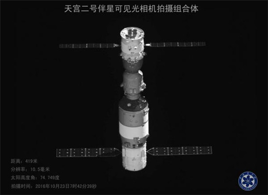 An image sent back by an accompanying satellite shows Shenzhou XI (top) and Tiangong II (bottom) in space on Oct 23, 2016. (Photo/CCTV) An image sent back by an accompanying satellite shows Shenzhou XI (top) and Tiangong II (bottom) in space on Oct 23, 2016. (Photo/CCTV)