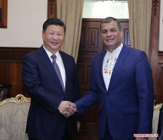 Chinese President Xi Jinping holds talks with Ecuadorian President Rafael Correa in Quito, Ecuador, Nov. 17, 2016. (Xinhua/Ju Peng) Chinese President Xi Jinping holds talks with Ecuadorian President Rafael Correa in Quito, Ecuador, Nov. 17, 2016. (Xinhua/Ju Peng)