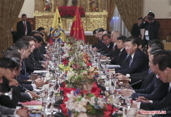 Chinese President Xi Jinping holds talks with Ecuadorian President Rafael Correa in Quito, Ecuador, Nov. 17, 2016. (Xinhua/Lan Hongguang) Chinese President Xi Jinping holds talks with Ecuadorian President Rafael Correa in Quito, Ecuador, Nov. 17, 2016. (Xinhua/Lan Hongguang)