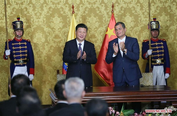 Chinese President Xi Jinping and Ecuadorian President Rafael Correa meet journalists after their talks in Quito, Ecuador, Nov. 17, 2016. (Xinhua/Lan Hongguang) Chinese President Xi Jinping and Ecuadorian President Rafael Correa meet journalists after their talks in Quito, Ecuador, Nov. 17, 2016. (Xinhua/Lan Hongguang)