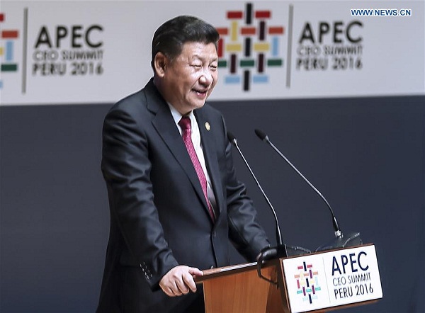 Chinese President Xi Jinping delivers a keynote speech at the Asia-Pacific Economic Cooperation (APEC) CEO Summit in Lima, Peru, Nov. 19, 2016. (Xinhua/Lan Hongguang) Chinese President Xi Jinping delivers a keynote speech at the Asia-Pacific Economic Cooperation (APEC) CEO Summit in Lima, Peru, Nov. 19, 2016. (Xinhua/Lan Hongguang)