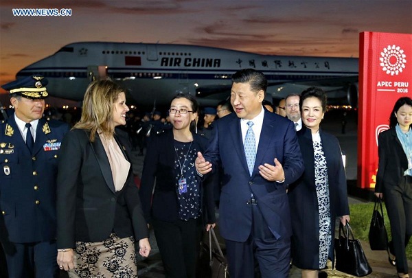 Chinese President Xi Jinping (2nd R, front) and his wife Peng Liyuan (1st R, front) are received by Peruvian Second Vice President Mercedes Araoz (2nd L) at the airport in Lima, Peru, Nov. 18, 2016. Xi arrived in Peru Friday to attend the upcoming Asia-Pacific Economic Cooperation (APEC) Economic Leaders' Meeting and pay his first state visit to Peru. (Xinhua/Ju Peng) Chinese President Xi Jinping (2nd R, front) and his wife Peng Liyuan (1st R, front) are received by Peruvian Second Vice President Mercedes Araoz (2nd L) at the airport in Lima, Peru, Nov. 18, 2016. Xi arrived in Peru Friday to attend the upcoming Asia-Pacific Economic Cooperation (APEC) Economic Leaders' Meeting and pay his first state visit to Peru. (Xinhua/Ju Peng)
