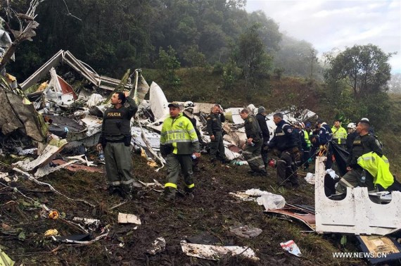 Image provided by Noticias Telemedellin shows rescuers inspecting the site of the crashed plane carrying the Brazilian soccer team Chapecoense, in La Ceja municipality, near Medellin, in the department of Antioquia, Colombia, on Nov. 29, 2016. (Xinhua/Noticias Telemedellin) Image provided by Noticias Telemedellin shows rescuers inspecting the site of the crashed plane carrying the Brazilian soccer team Chapecoense, in La Ceja municipality, near Medellin, in the department of Antioquia, Colombia, on Nov. 29, 2016. (Xinhua/Noticias Telemedellin)