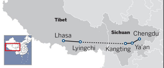 A route map of the Sichuan-Tibet railway