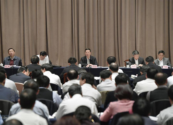 Chinese Vice Premier Zhang Gaoli (C rear) speaks at a meeting on building the ecological civilization, in Huzhou, east China's Zhejiang Province, Dec. 2, 2016. (Xinhua/Wang Ye)