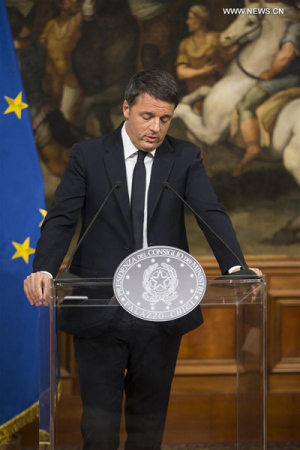 Italian Prime Minister Matteo Renzi speaks during a press conference in Rome Dec. 5, 2016. Matteo Renzi on early Monday announced resignation, as exit polls showed the Sunday referendum opposed constitutional reforms. (Photo: Xinhua/Jin Yu) Italian Prime Minister Matteo Renzi speaks during a press conference in Rome Dec. 5, 2016. Matteo Renzi on early Monday announced resignation, as exit polls showed the Sunday referendum opposed constitutional reforms. (Photo: Xinhua/Jin Yu)
