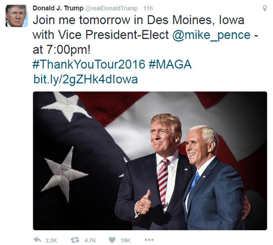 Screenshot shows U.S. President-elect Donald Trump's tweet on Dec. 7, 2016. (Photo/Screenshot from Twitter) Screenshot shows U.S. President-elect Donald Trump's tweet on Dec. 7, 2016. (Photo/Screenshot from Twitter)