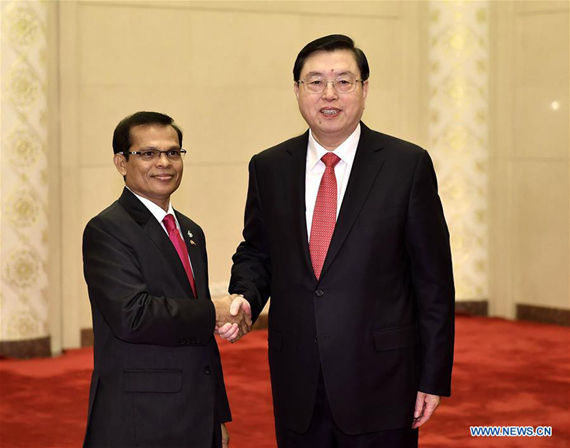 Zhang Dejiang (R), chairman of the Standing Committee of China's National People's Congress (NPC), holds talks with Abdulla Maseeh Mohamed, speaker of the People's Majlis, the legislative body of the Maldives, in Beijing, capital of China, Dec. 7, 2016. (Photo: Xinhua/Li Tao) Zhang Dejiang (R), chairman of the Standing Committee of China's National People's Congress (NPC), holds talks with Abdulla Maseeh Mohamed, speaker of the People's Majlis, the legislative body of the Maldives, in Beijing, capital of China, Dec. 7, 2016. (Photo: Xinhua/Li Tao)